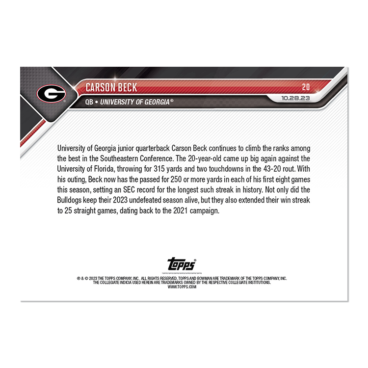 Carson Beck - 2023 Bowman U NOW Football Card 20 - PR: 1001 - Image 2