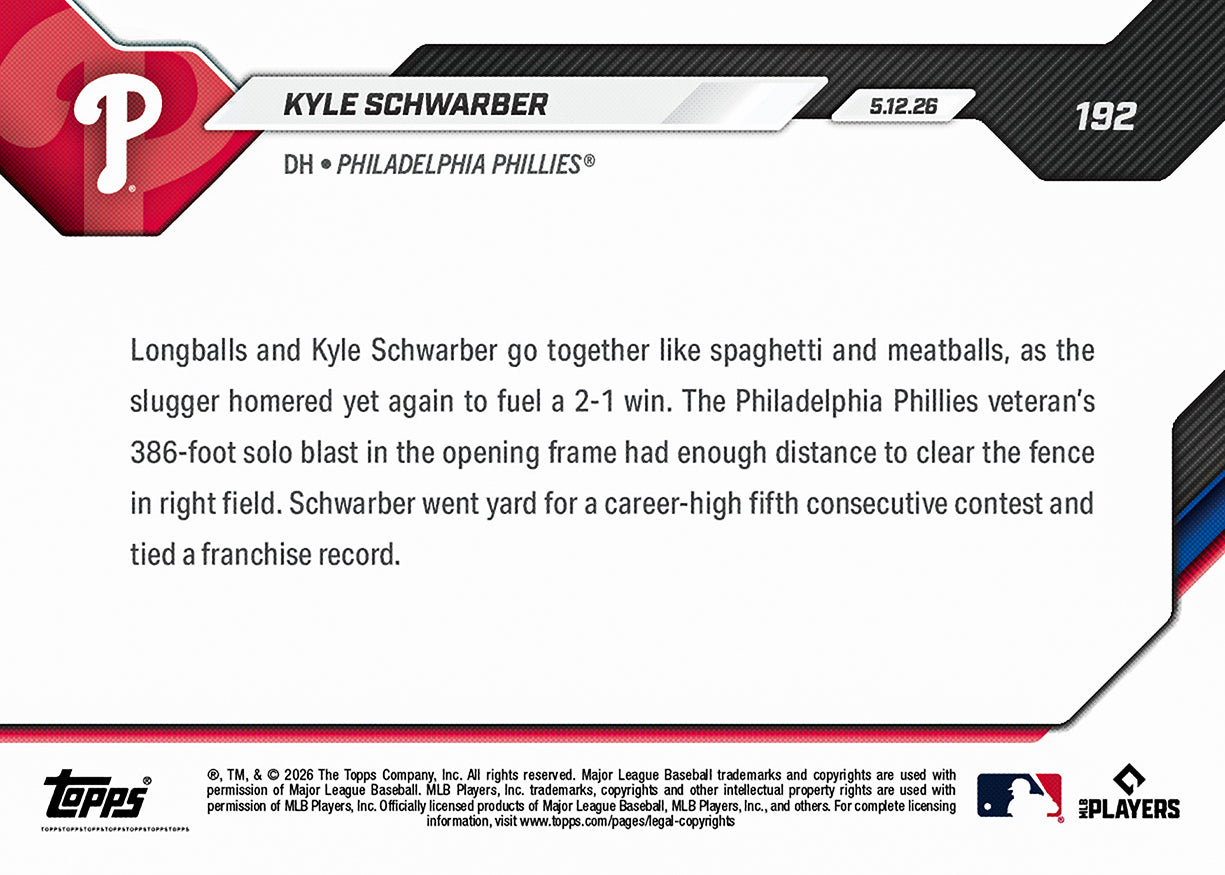 Kyle Schwarber - 2026 MLB Topps NOW - Card 192 - PR: 968 - Image 2