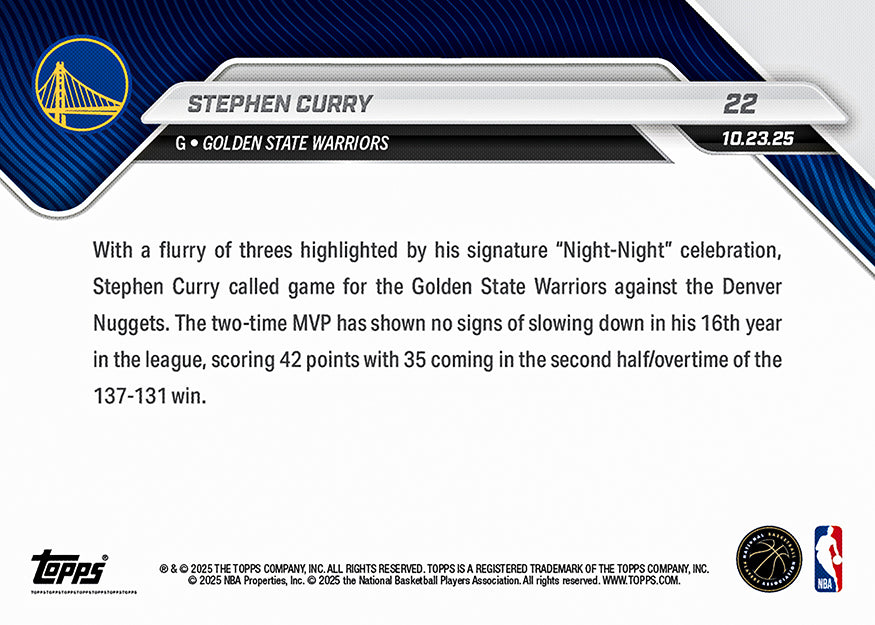 Stephen Curry - 2025-26 NBA Topps NOW - Card 22 - PR: 4265 - Image 3