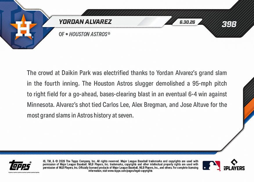 Alternative view of Yordan Alvarez - 2026 MLB Topps NOW - Card 398 - PR: 697