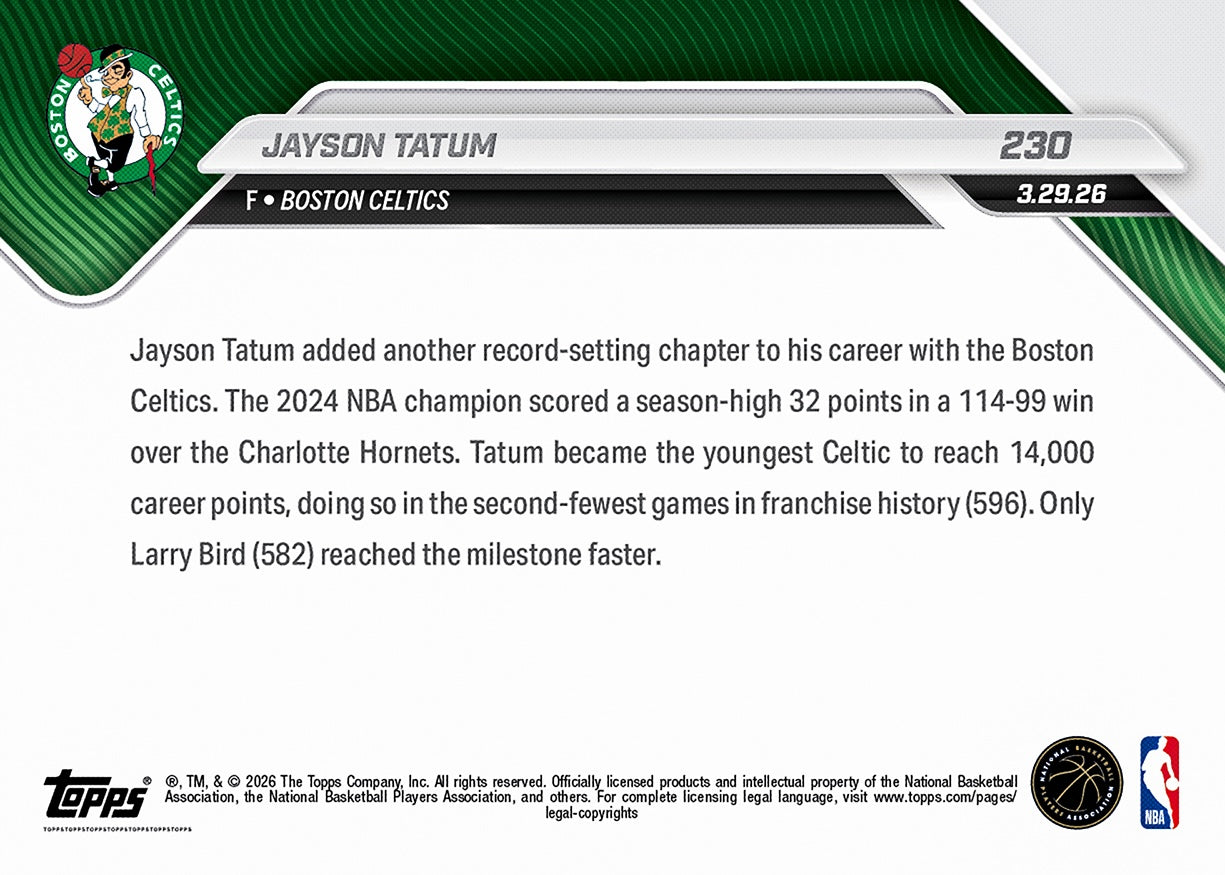 Jayson Tatum - 2025-26 NBA Topps NOW - Card 230 - PR: 1087 - Image 2
