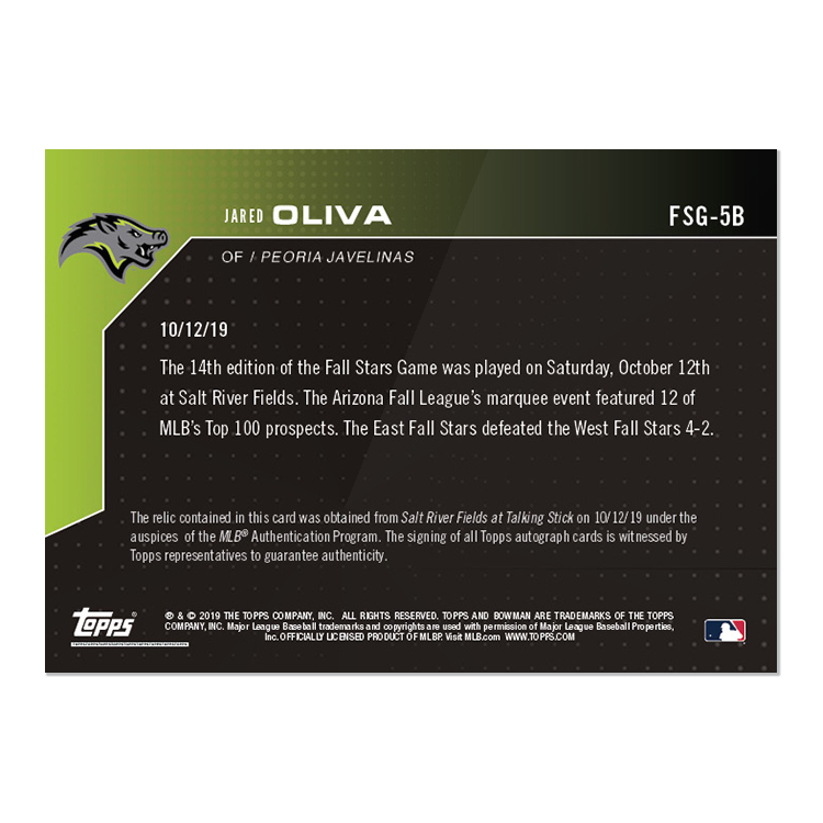 Alternative view of On-Card Auto Relic # to 5 - Jared Oliva - Bowman NEXT TOPPS NOW Card FSG-5B
