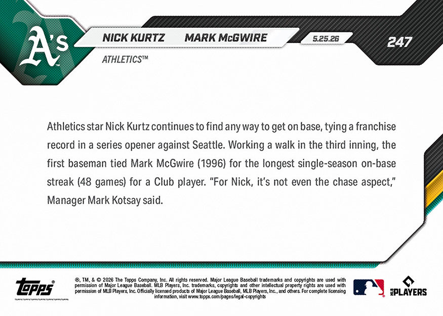 Nick Kurtz/Mark McGwire - 2026 MLB Topps NOW - Card 247 - PR: 1768 - Image 2