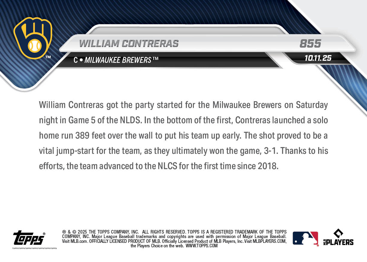Alternative view of William Contreras - 2025 MLB Topps NOW - Card 855 - PR: 712