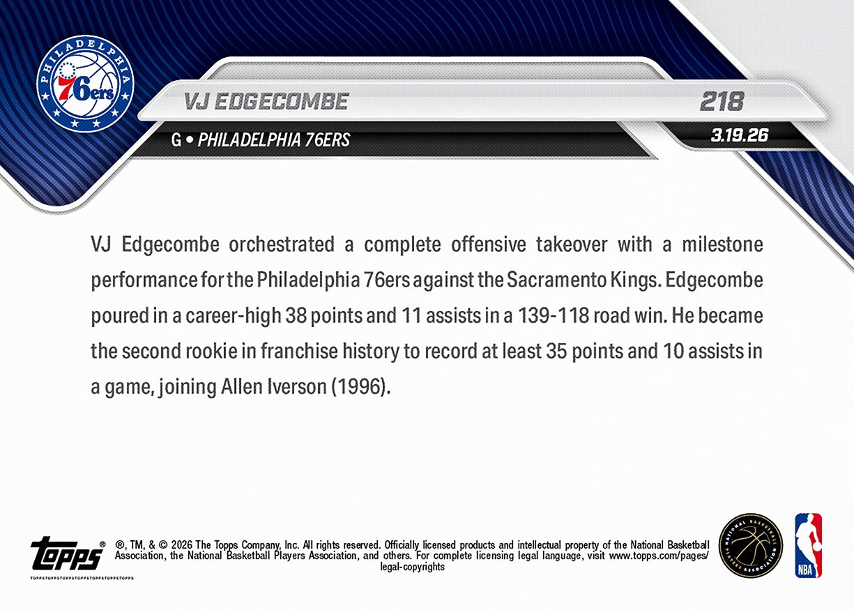 VJ Edgecombe - 2025-26 NBA Topps NOW - Card 218 - PR: 2100 - Image 2