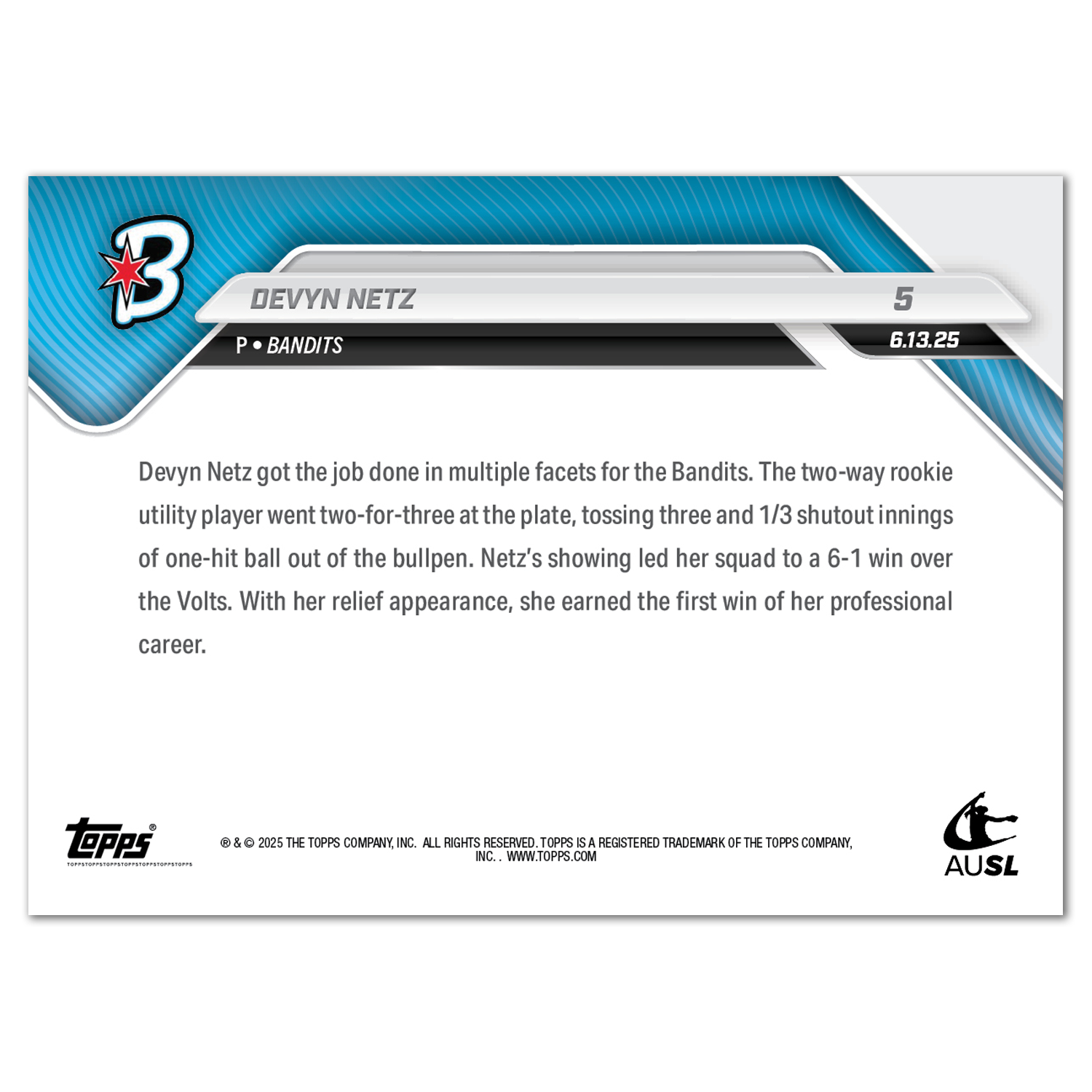 Devyn Netz - 2025 AUSL Topps NOW - Card 5 - PR: 709 - Image 2