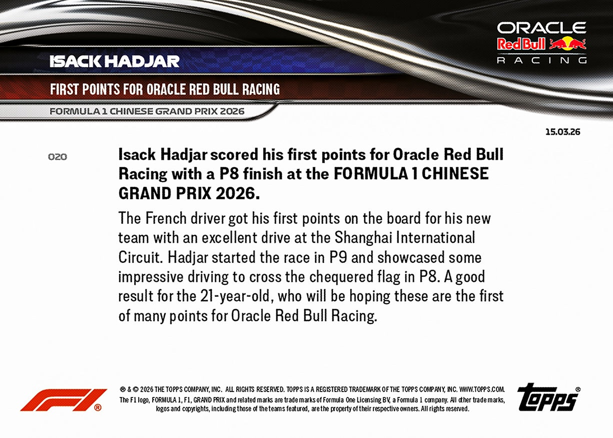 Isack Hadjar - 2026 Formula 1 Topps NOW - Card 20 - PR: 1275 - Image 7