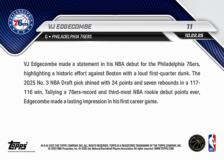VJ Edgecombe - 2025-26 NBA Topps NOW - Card 11 - PR: 17761 - Image 2