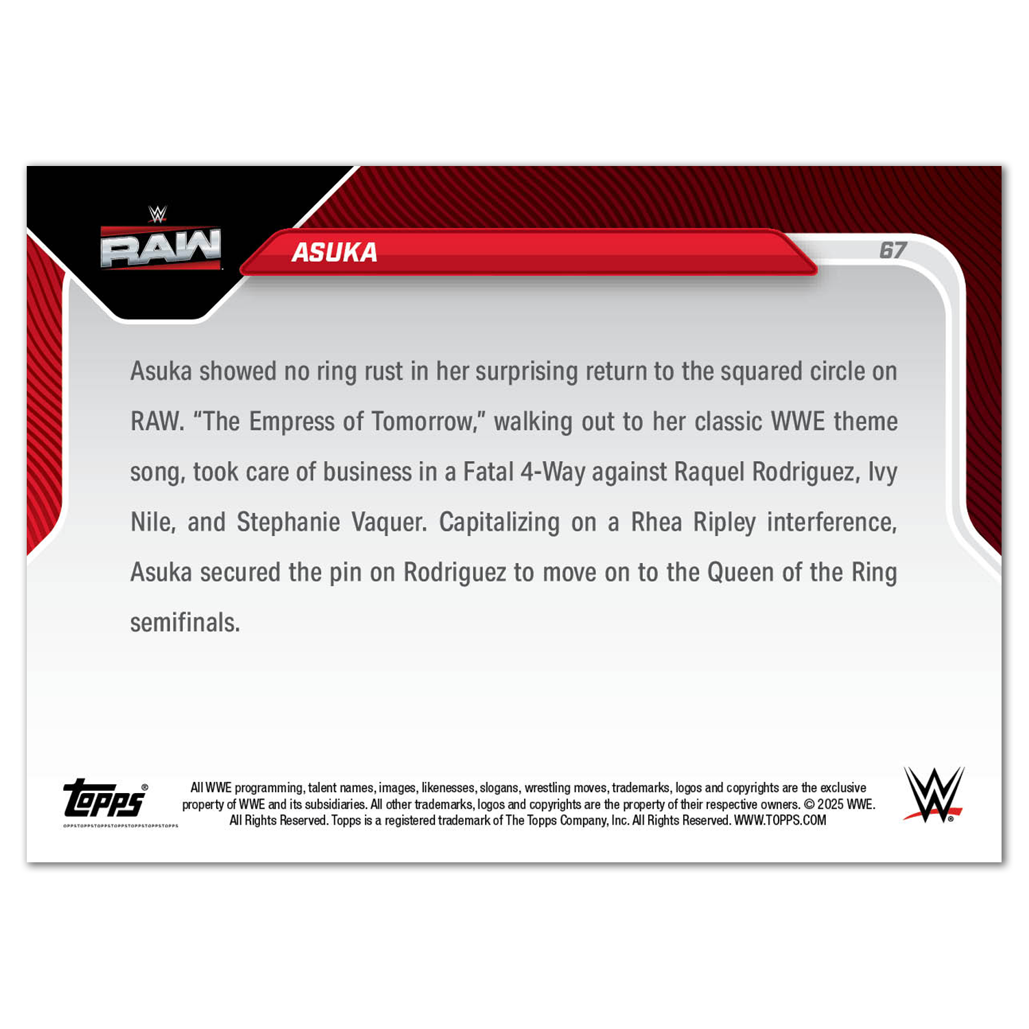Asuka - 2025 WWE Topps NOW - Card 67 - PR: 1155 - Image 2