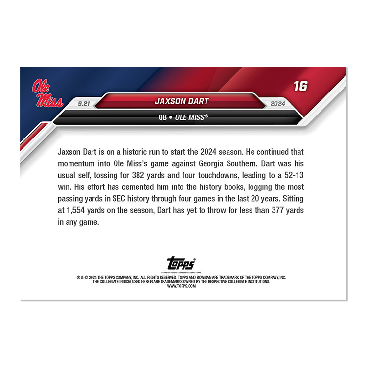 Jaxson Dart - 2024 Bowman U NOW Football Card 16 - PR: 985 - Image 2
