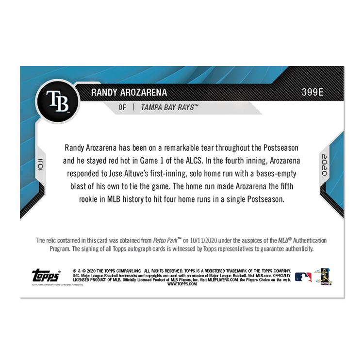 On-Card Auto-Relic # to 5 - Randy Arozarena - MLB TOPPS NOW Card 399E - Image 2