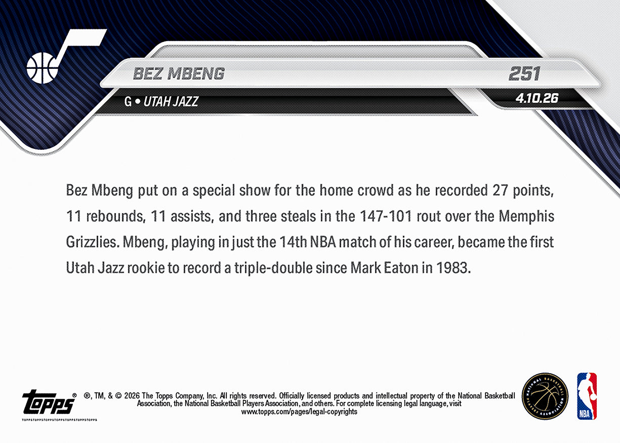 Bez Mbeng - 2025-26 NBA Topps NOW - Card 251 - PR: 909 - Image 2