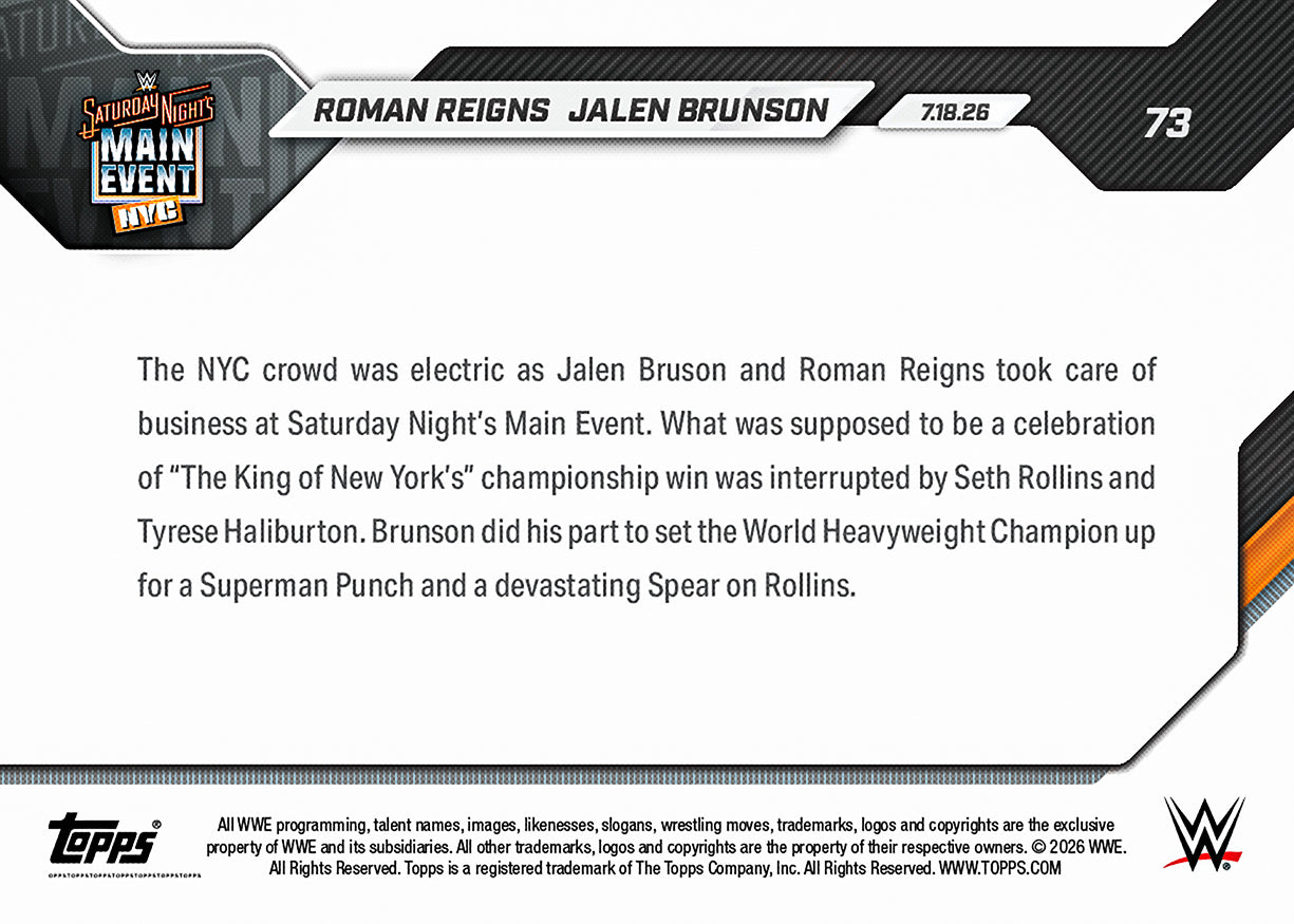 Roman Reigns / Jalen Brunson - 2026 WWE Topps NOW - Card 73 - PR: 5784 - Image 3