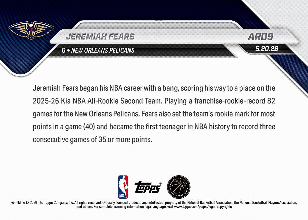 Jeremiah Fears - 2025-26 NBA Topps NOW - Card AR09 - PR: 1242 - Image 2