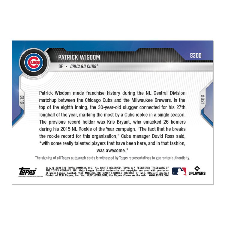 On-Card Auto # to 10 - Patrick Wisdom - 2021 MLB TOPPS NOW Card 831D - Image 2