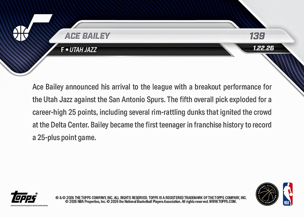 Ace Bailey - 2025-26 NBA Topps NOW - Card 139 - PR: 1072 - Image 2