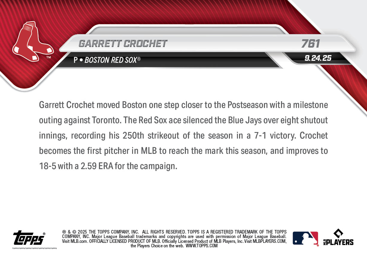 Garrett Crochet - 2025 MLB Topps NOW - Card 761 - PR: 730 - Image 2