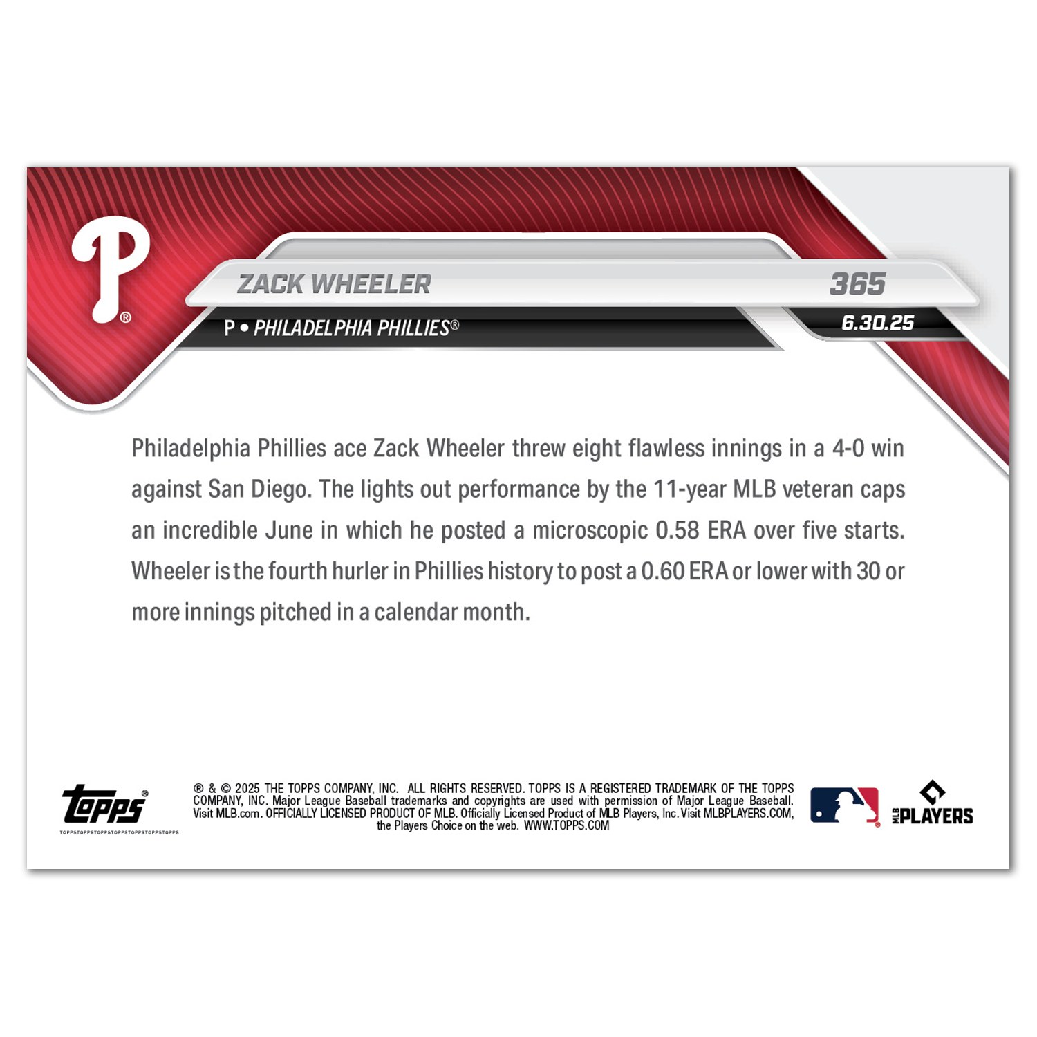 Alternative view of Zack Wheeler - 2025 MLB Topps NOW - Card 365 - PR: 630