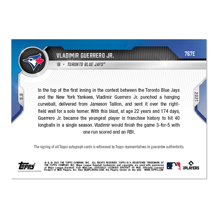 On-Card Auto # to 5 - Vladimir Guerrero Jr. - 2021 MLB TOPPS NOW Card 767E - Image 2