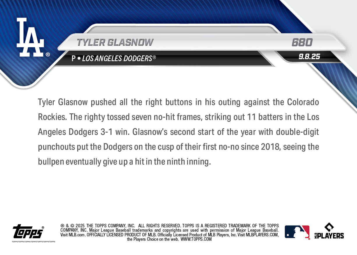 Tyler Glasnow - 2025 MLB Topps NOW - Card 680 - PR: 594 - Image 2