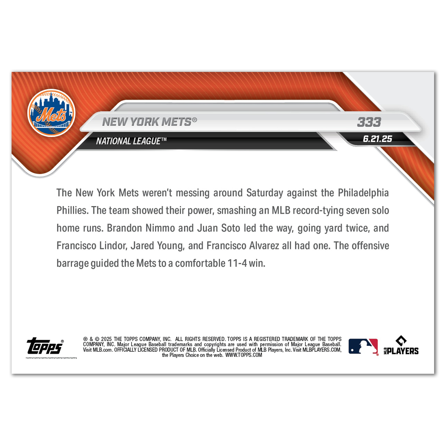 New York Mets - 2025 MLB Topps NOW - Card 333 - PR: 735 - Image 2