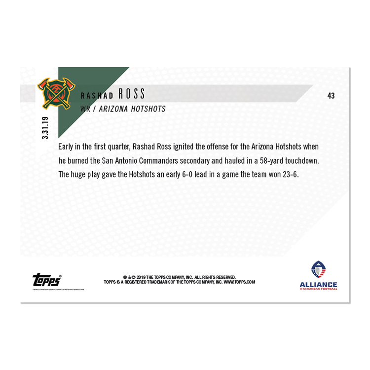 Alternative view of Rashad Ross - AAF TOPPS NOW Card 43 - Print Run: 215