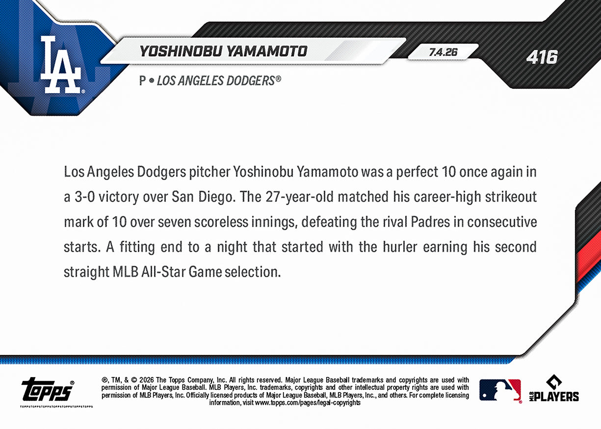 Alternative view of Yoshinobu Yamamoto - 2026 MLB Topps NOW - Card 416 - PR: 5942