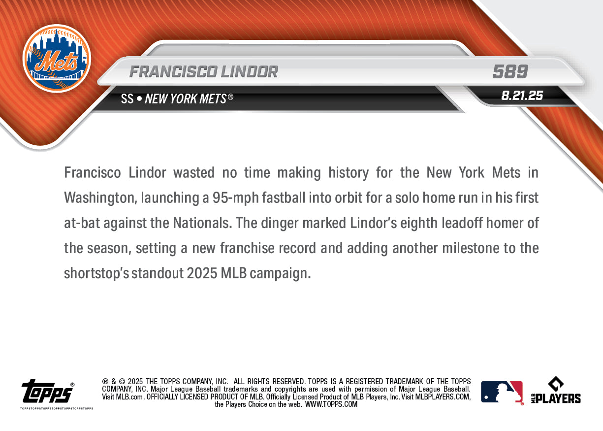 Francisco Lindor - 2025 MLB Topps NOW - Card 589 - PR: 625 - Image 2
