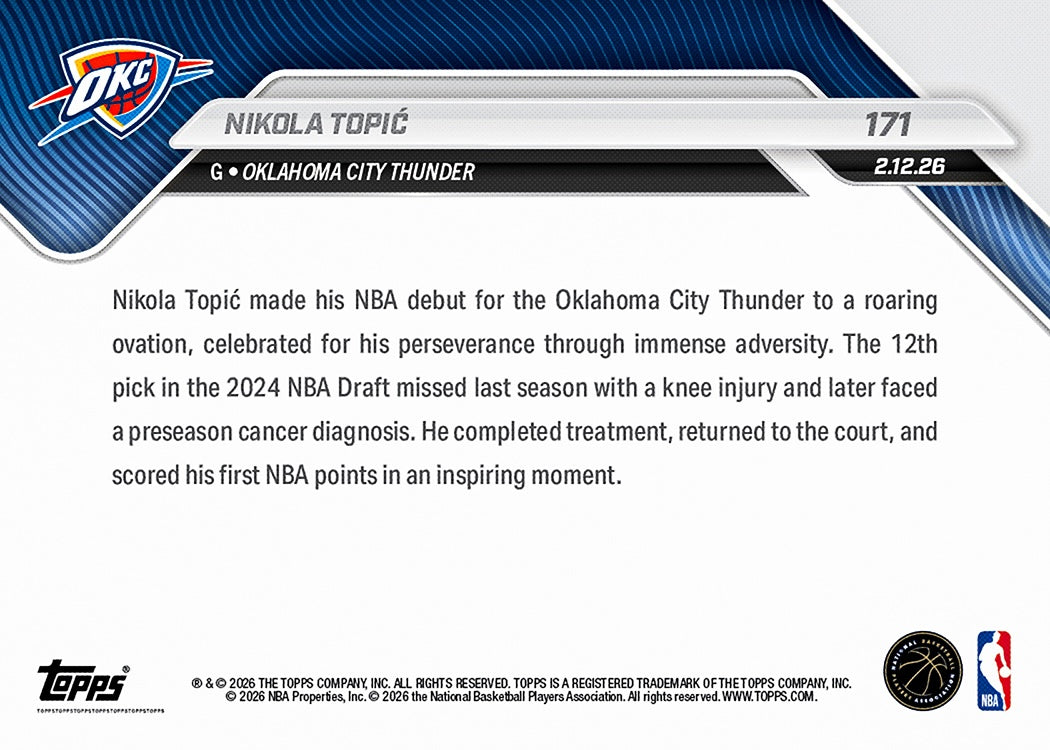 Nikola Topić - 2025-26 NBA Topps NOW - Card 171 - PR: 837 - Image 2