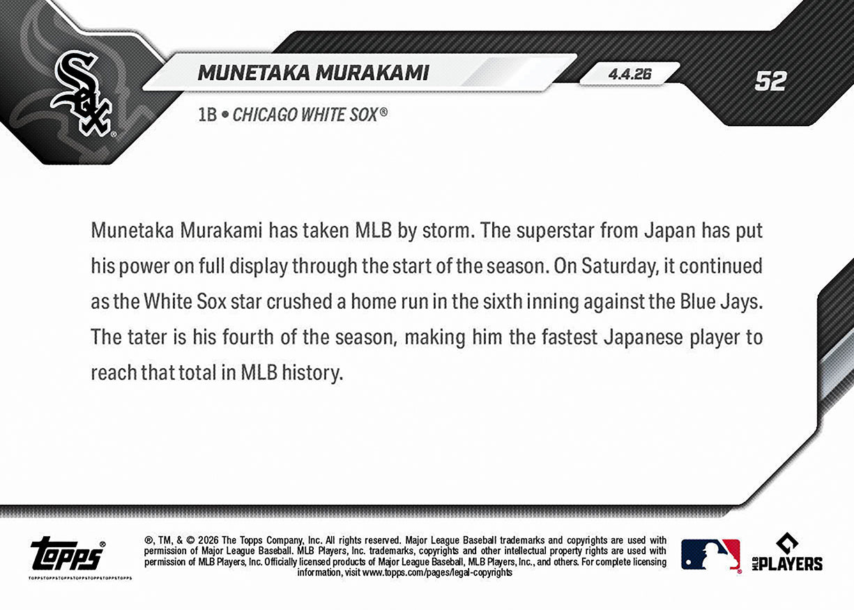 Munetaka Murakami - 2026 MLB Topps NOW - Card 52 - PR: 5138 - Image 2