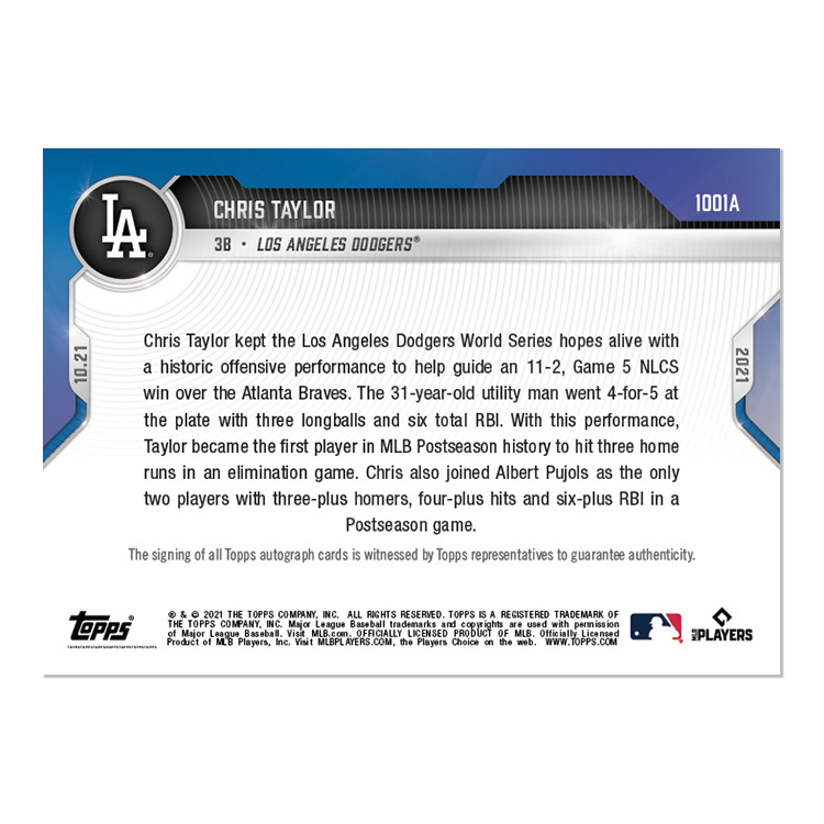 On-Card Auto # to 99 - Chris Taylor - 2021 MLB TOPPS NOW Card 1001A - Image 2
