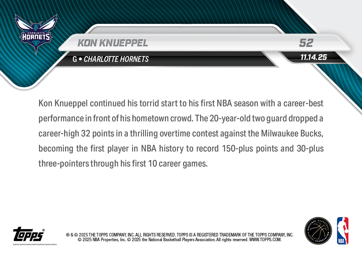 Kon Knueppel - 2025-26 NBA Topps NOW - Card 52 - PR: 1444 - Image 2
