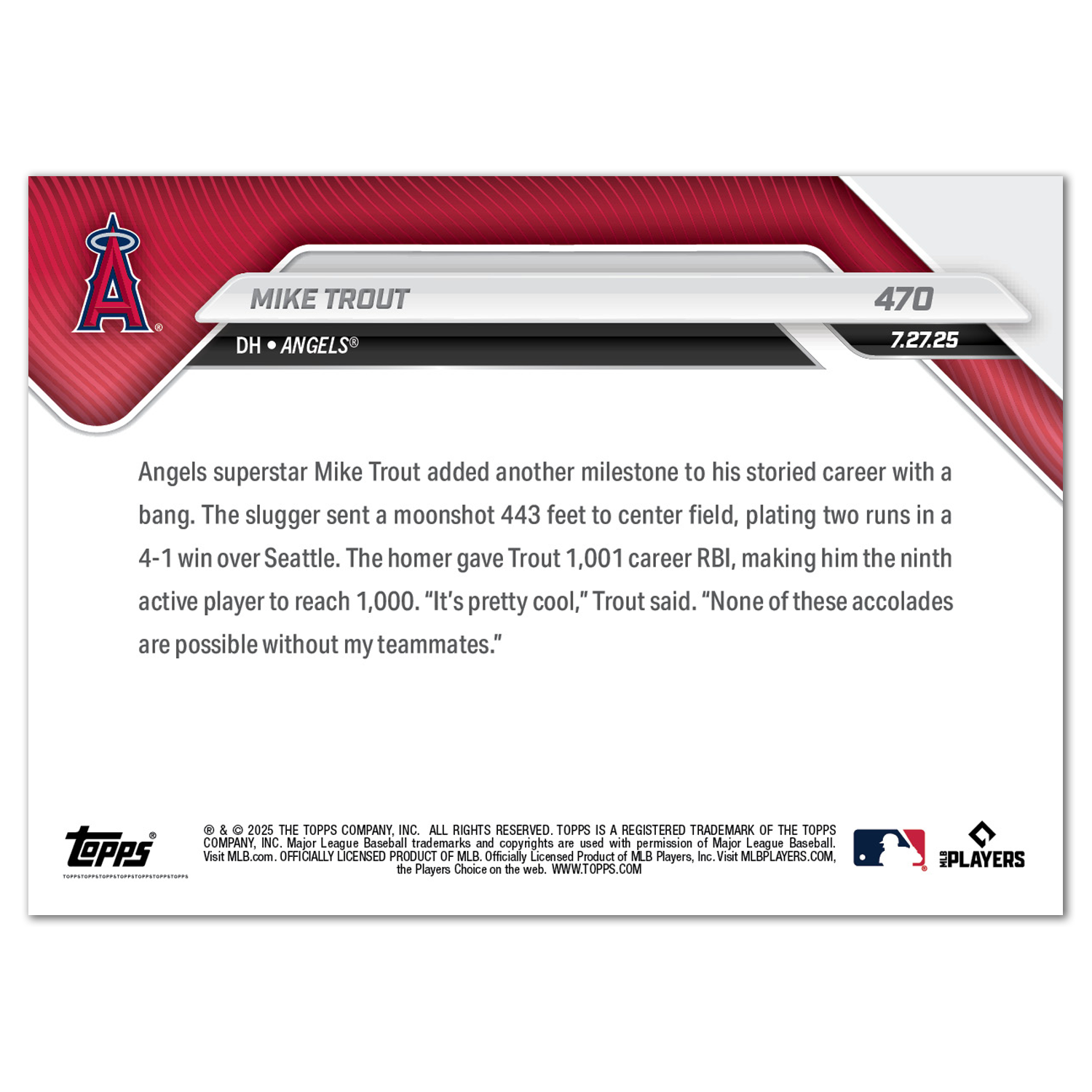 Mike Trout - 2025 MLB Topps NOW - Card 470 - LOOK FOR AUTOS - PR: 3651 - Image 3
