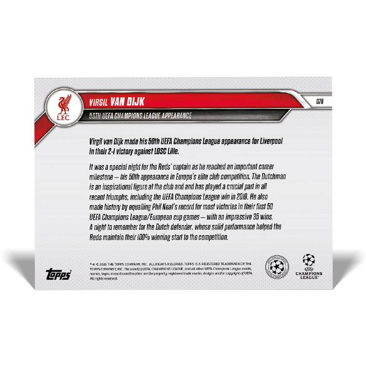 Virgil van Dijk - 50th UEFA Champions League appearance - 24/25 UCL Topps NOW Card 75 - PR: 698 - Image 5