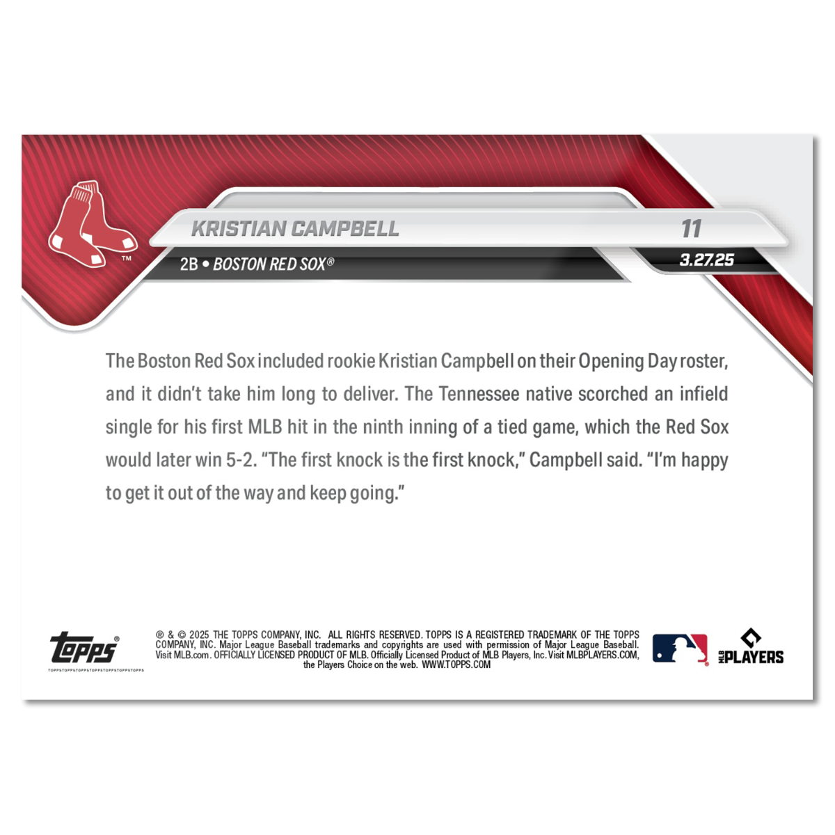 Kristian Campbell - 2025 MLB Topps NOW - Card 11 - PR: 3878 - Image 2