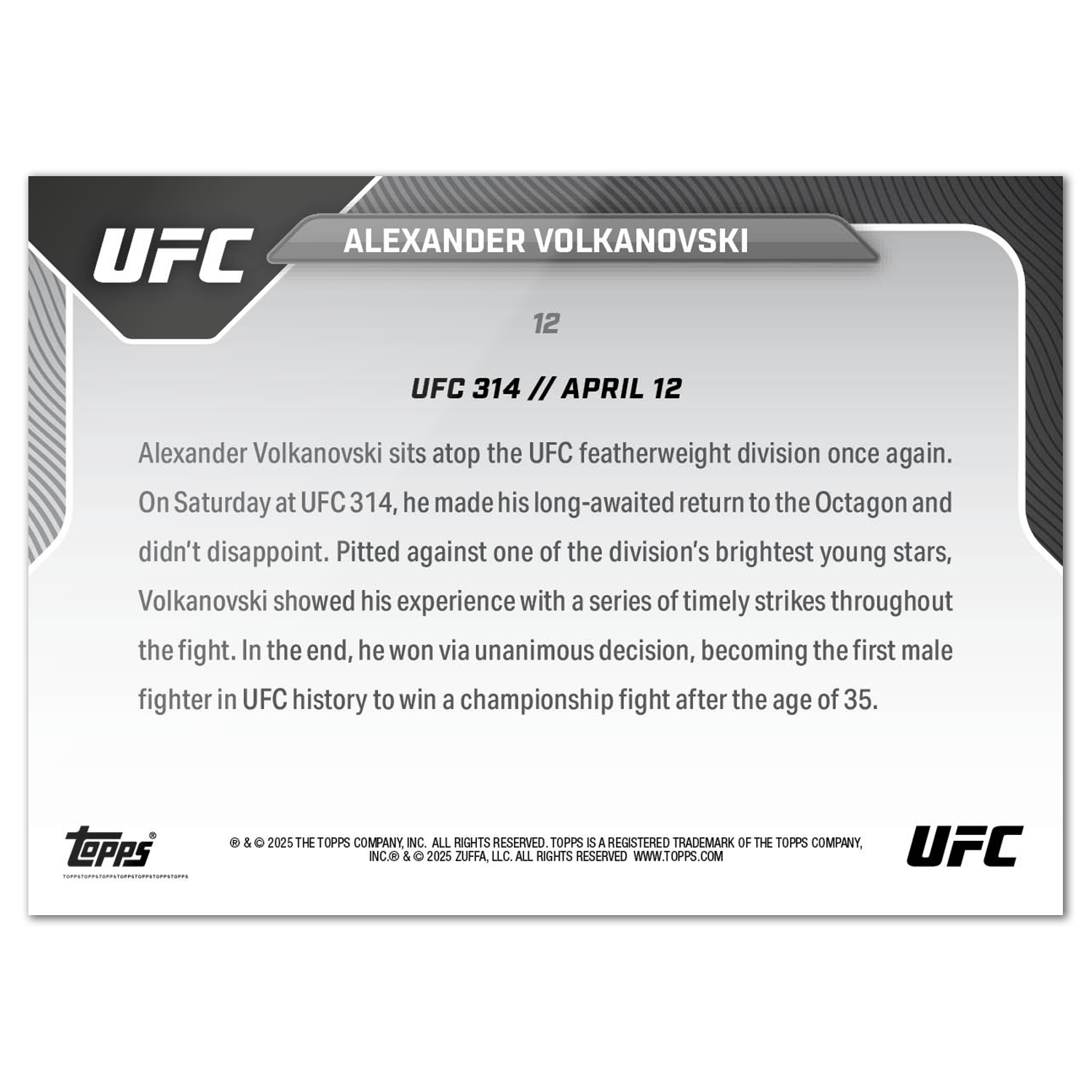 Alexander Volkanovski - 2025 UFC Topps NOW - Card 12 - LOOK FOR AUTOS - PR: 1880 - Image 3