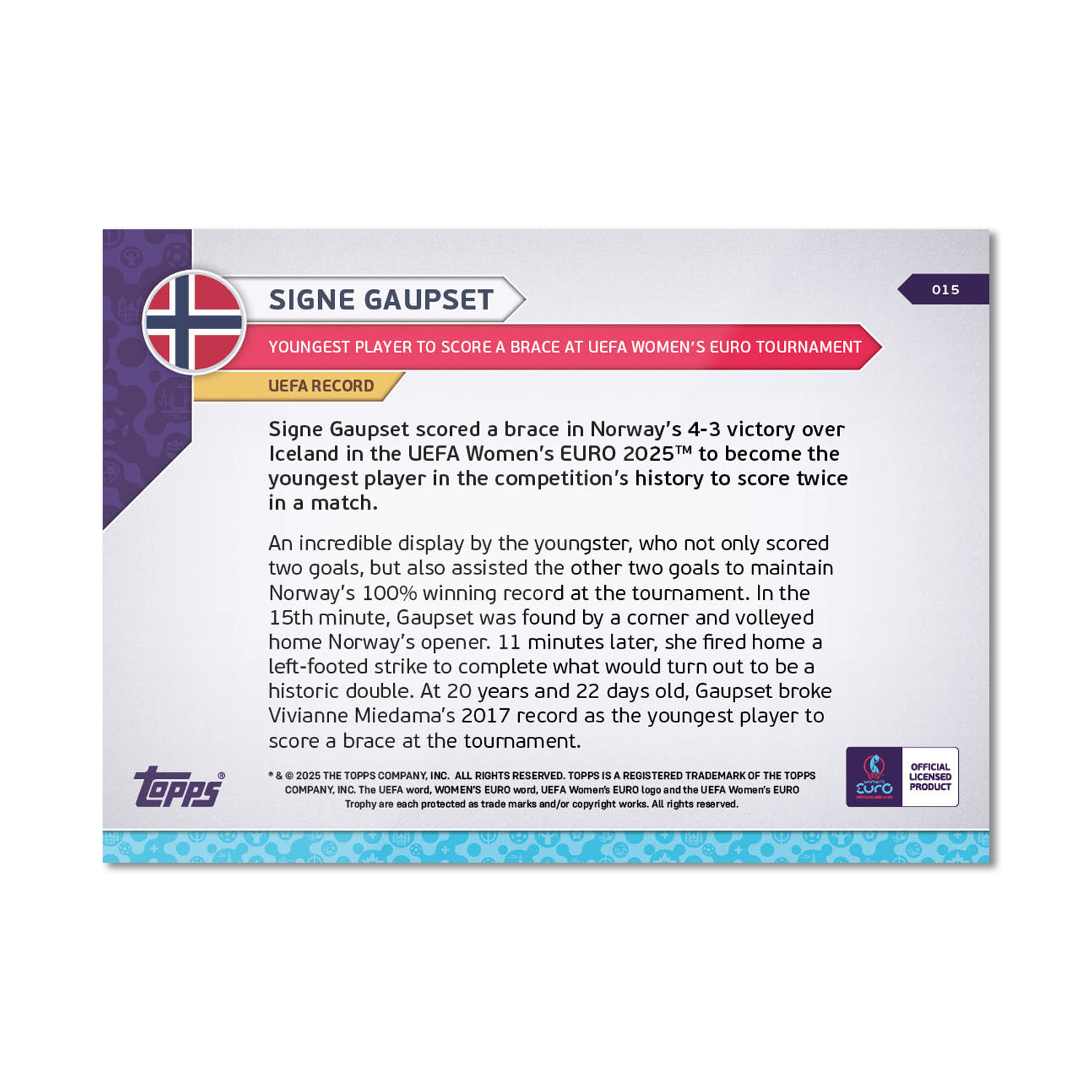 Signe Gaupset - UEFA Women’s EURO 2025™ Topps NOW - Card 15 - PR: 198 - Image 7