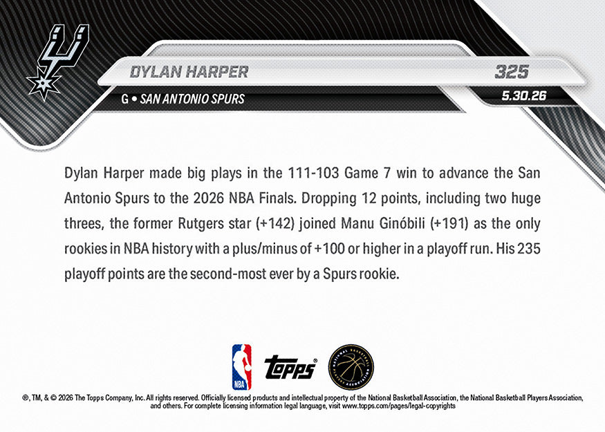 Dylan Harper - 2025-26 NBA Topps NOW - Card 325 - PR: 11289 - Image 2