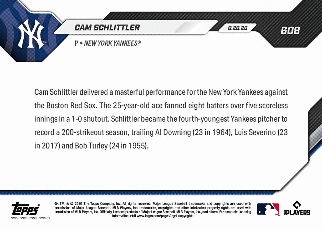 Cam Schlittler - 2026 MLB Topps NOW - Card 608 - PR: 3967 - Image 2
