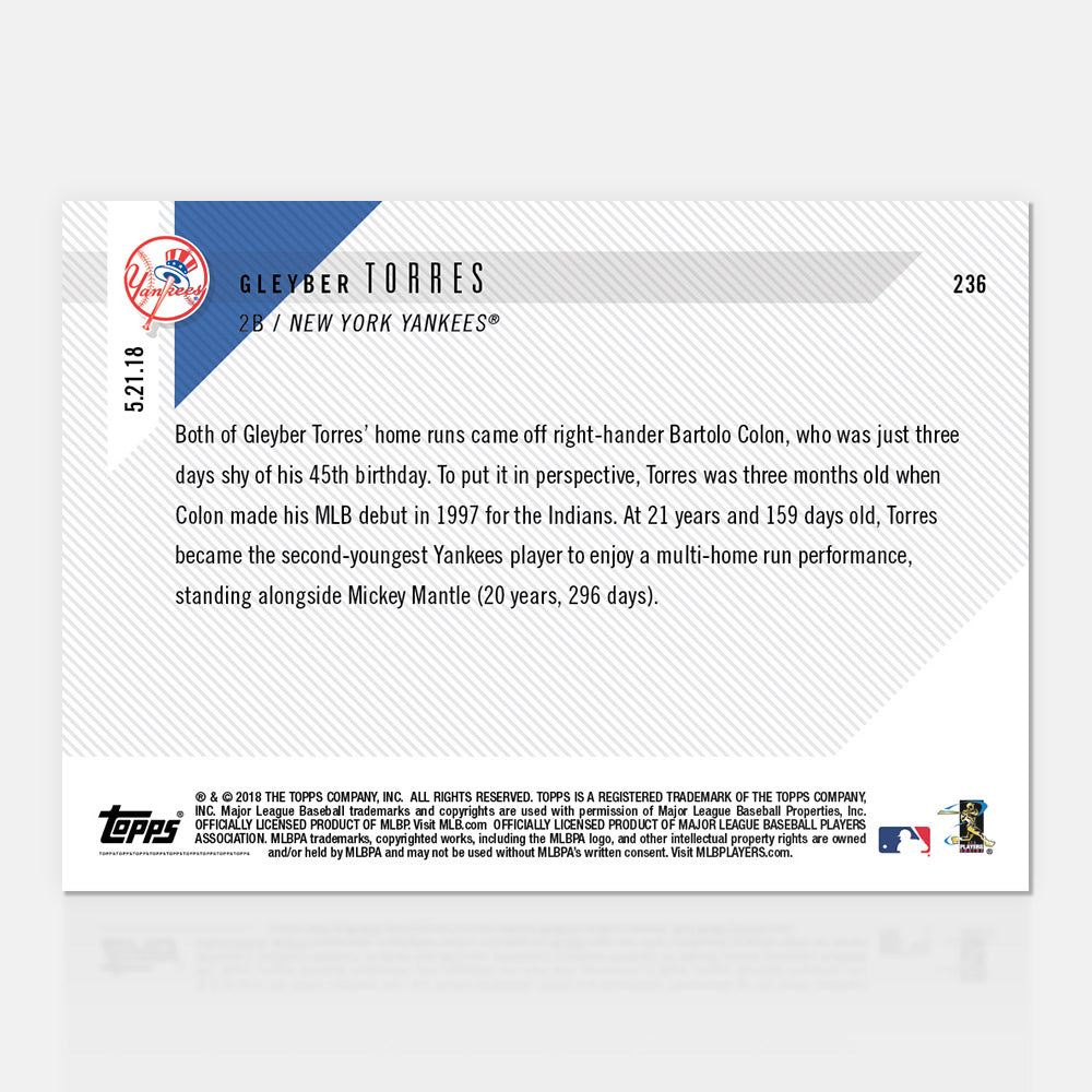 Gleyber Torres - 05/21/2018 TOPPS NOW Card 236 - Print Run: 3319 - Image 2