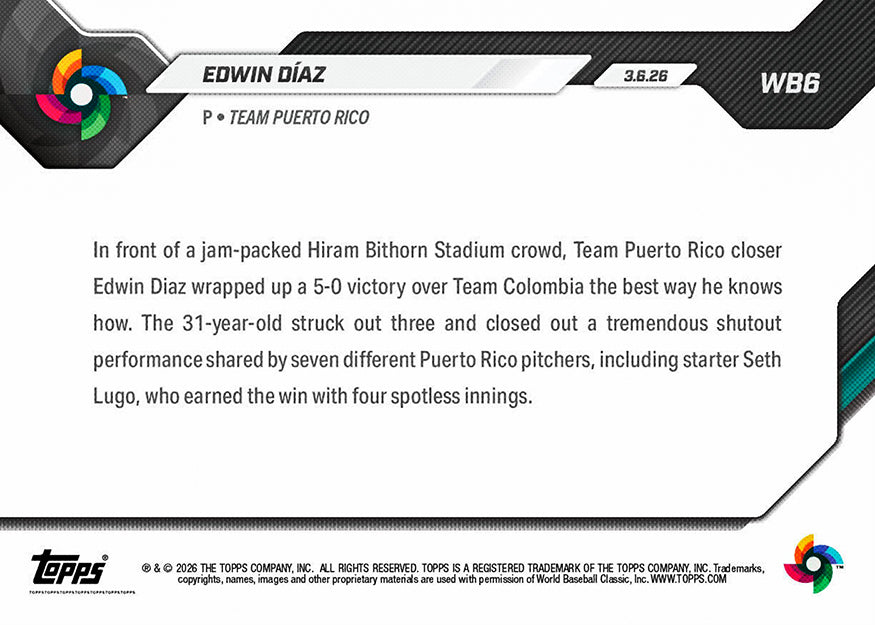 Edwin Díaz - 2026 World Baseball Classic Topps NOW - Card 6 - PR: 1279 - Image 2