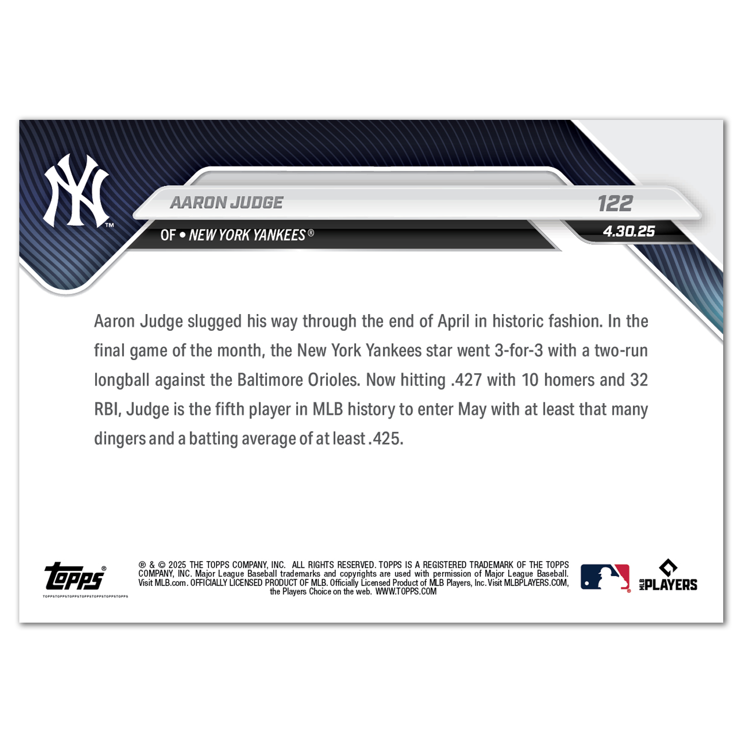 Aaron Judge - 2025 MLB Topps NOW - Card 122 - PR: 2694 - Image 2