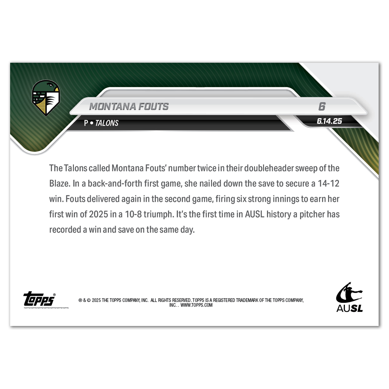 Montana Fouts - 2025 AUSL Topps NOW - Card 6 - PR: 1039 - Image 2