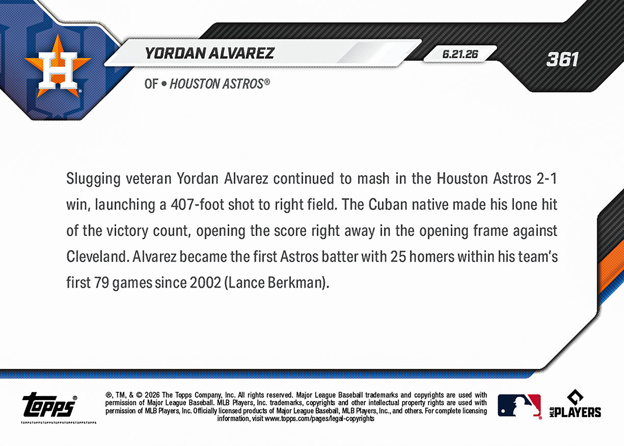 Alternative view of Yordan Alvarez - 2026 MLB Topps NOW - Card 361 - PR: 404