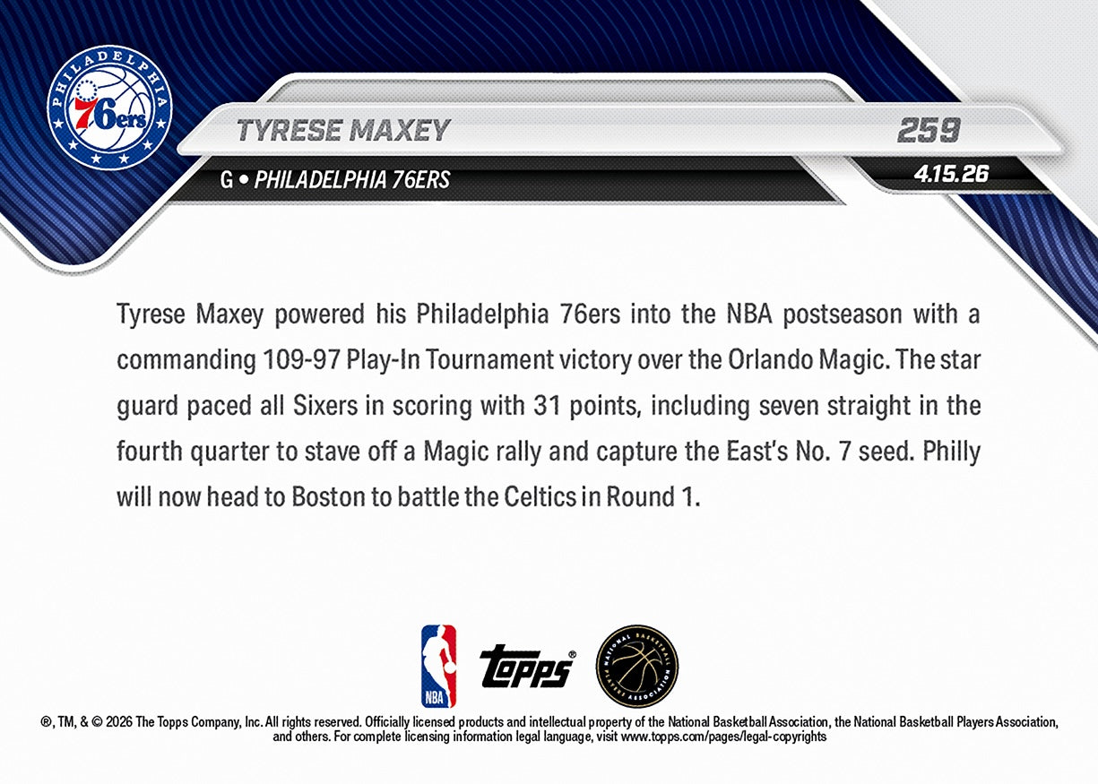 Tyrese Maxey - 2025-26 NBA Topps NOW - Card 259 - PR: 955 - Image 3
