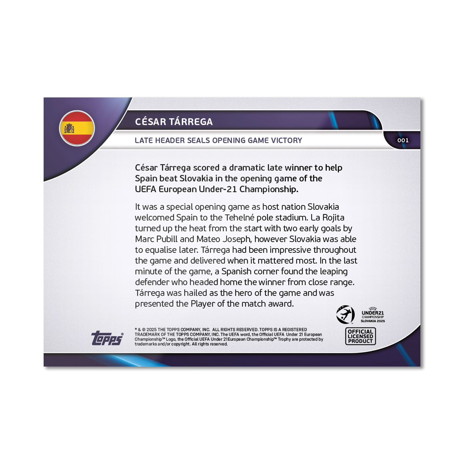 César Tárrega - 2025 UEFA Euro U-21 Topps NOW - Card 1 - PR: 174 - Image 2