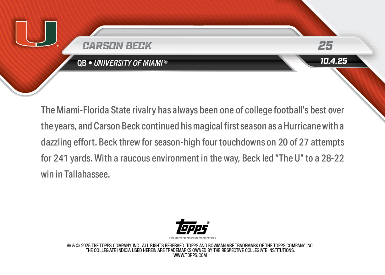 Carson Beck - 2025-26 Bowman U NOW Football - Card 25 - PR: 1137 - Image 3