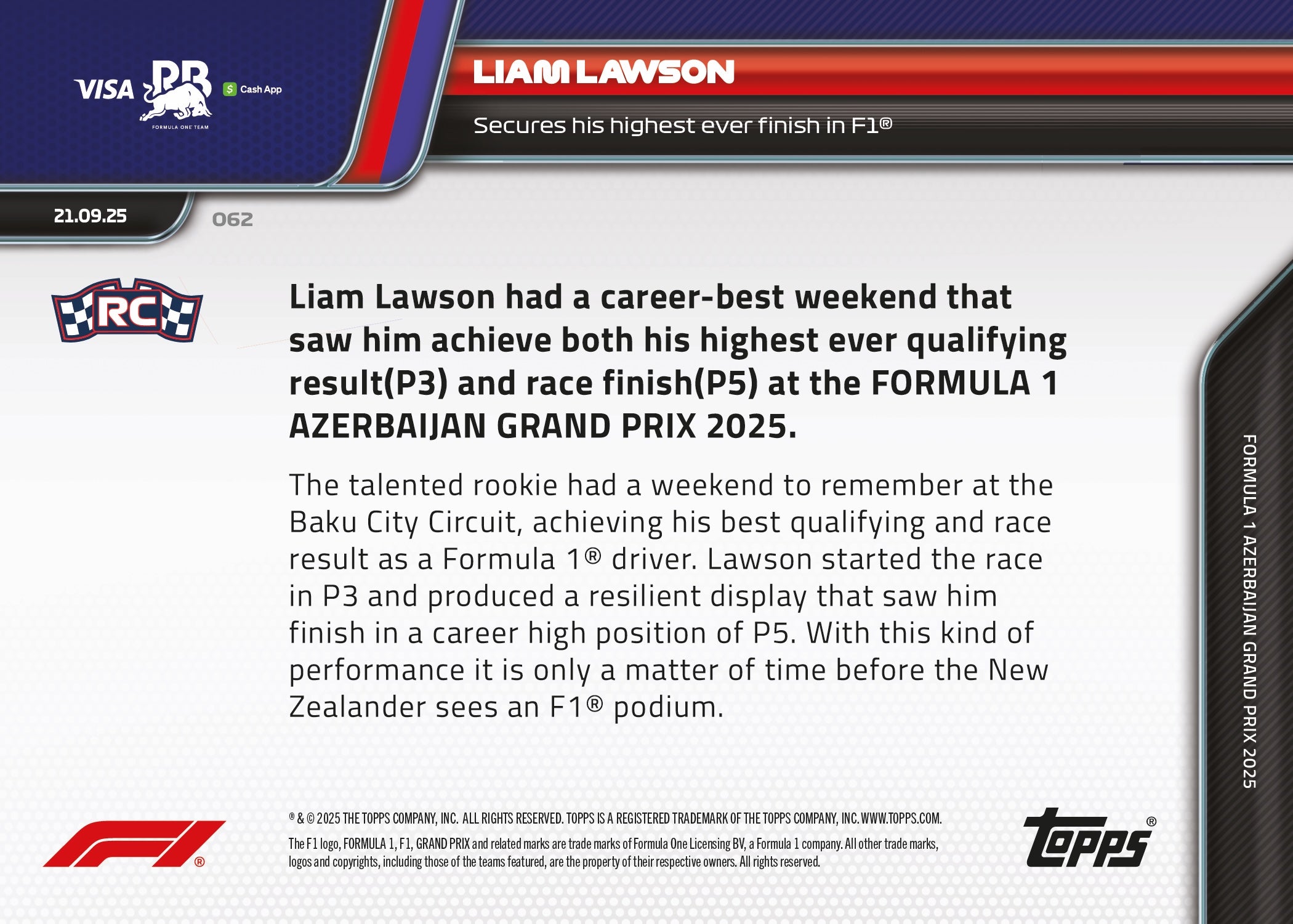 Liam Lawson - 2025 Formula 1 Topps NOW - Card 65 - PR: 1059 - Image 7
