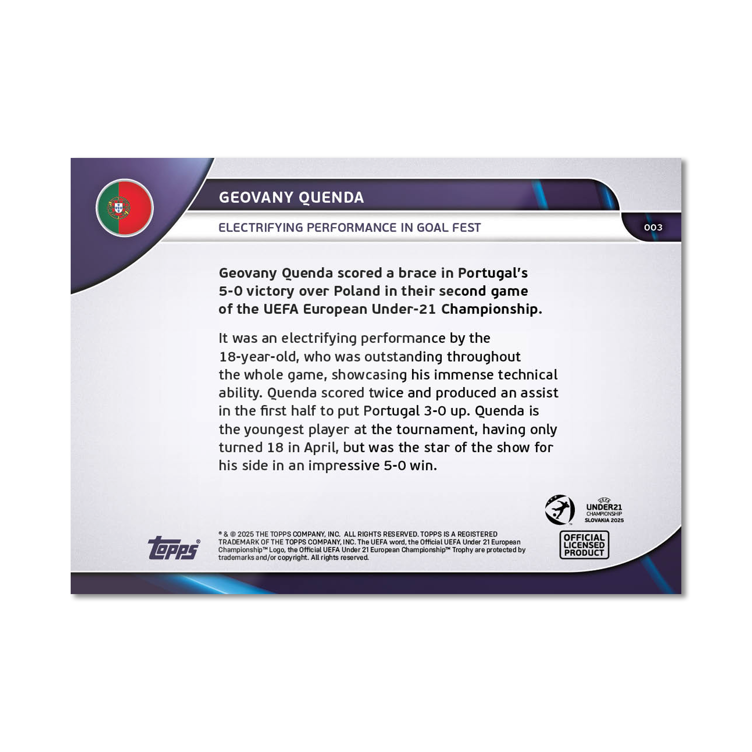 Geovany Quenda - 2025 UEFA Euro U-21 Topps NOW - Card 3 - PR: 325 - Image 2