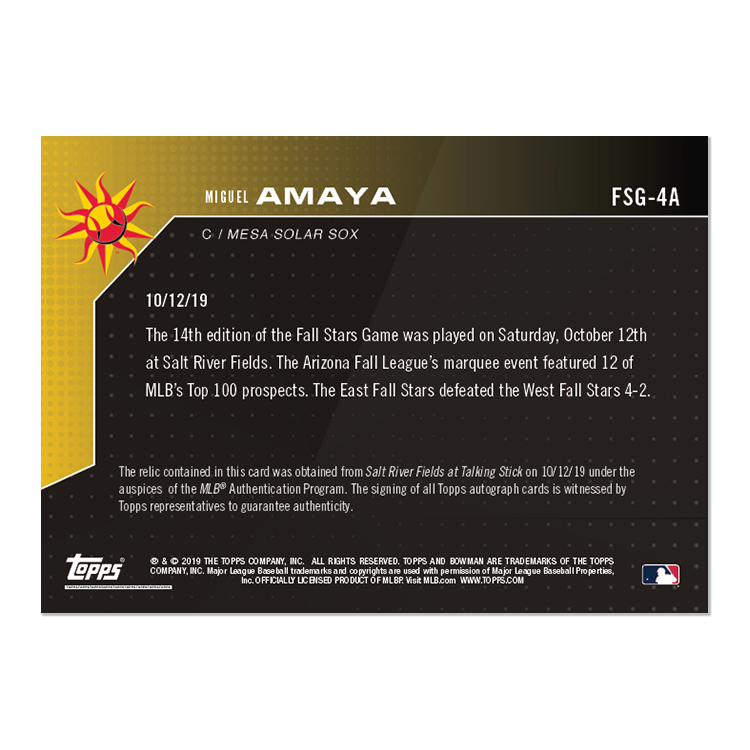 On-Card Auto Relic # to 10 - Miguel Amaya - Bowman NEXT TOPPS NOW Card FSG-4A - Image 2
